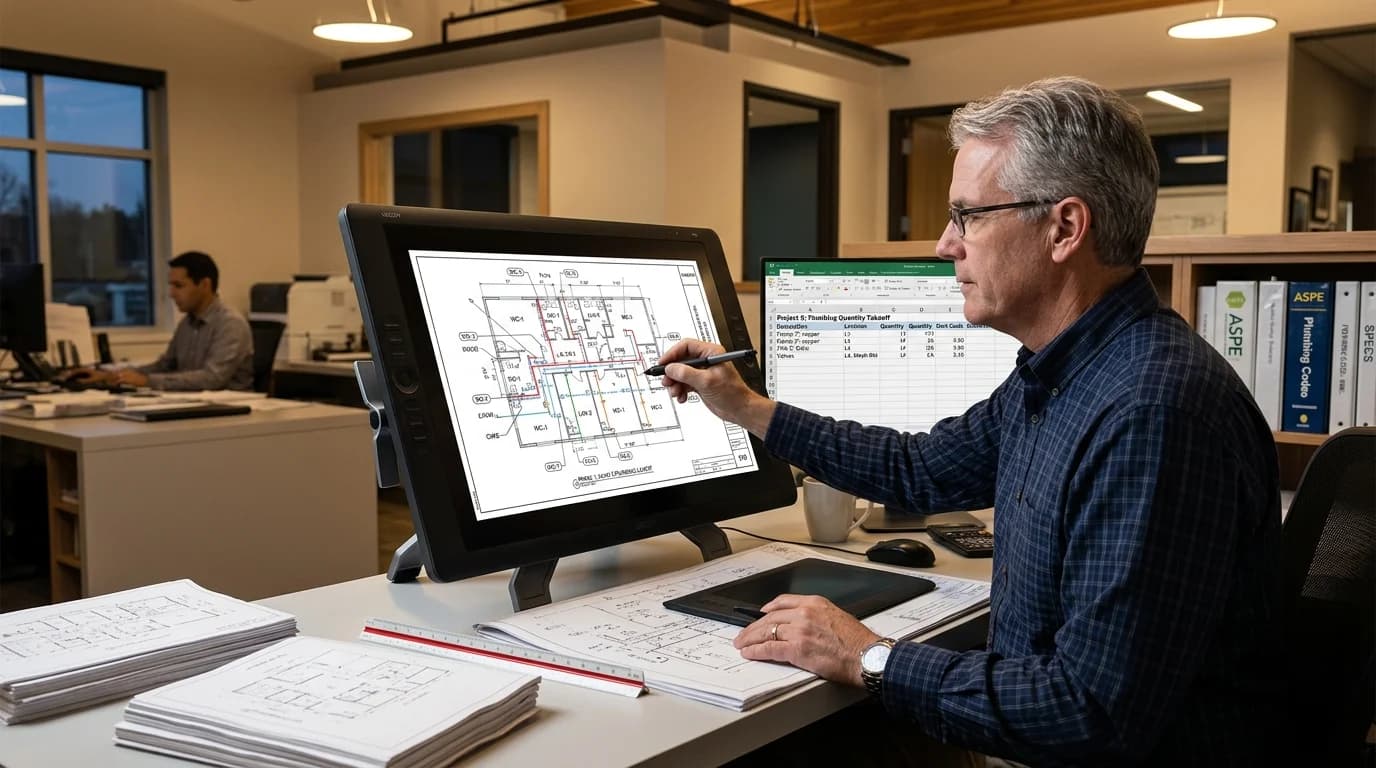 Commercial plumbing estimator reviewing architectural blueprints, digital takeoffs, and MCAA labor calculations
